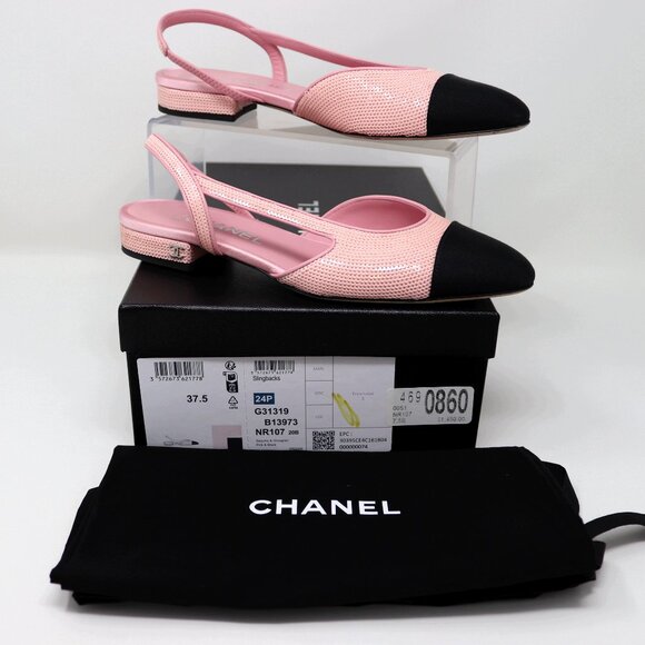 CHANEL 37.5 Pink Sequin Slingback 24P Interlocking CC Logo - Picture 1 of 14